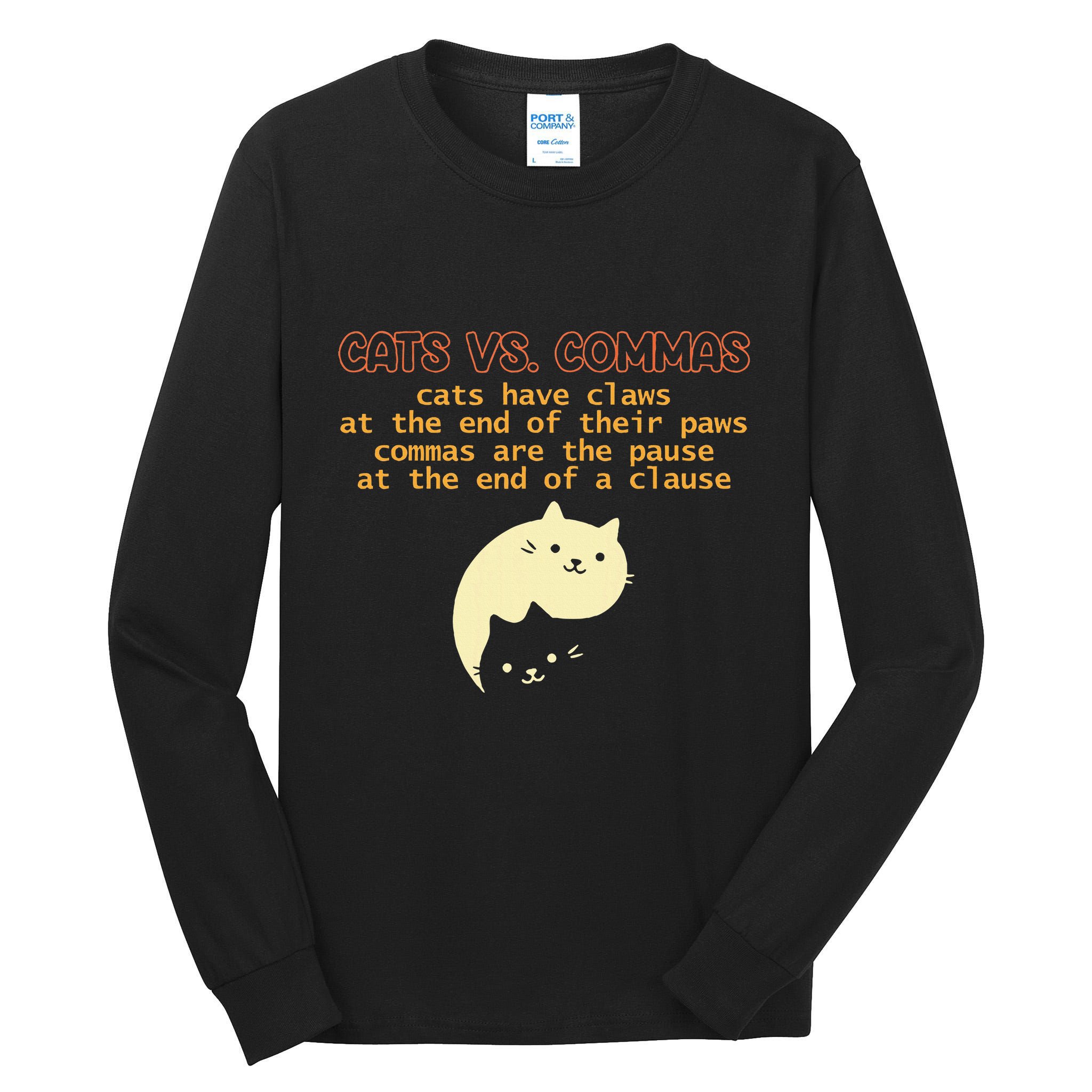 Cats Vs. Commas Funny Cat Lover Grammar Teacher School Tall Long Sleeve T-Shirt