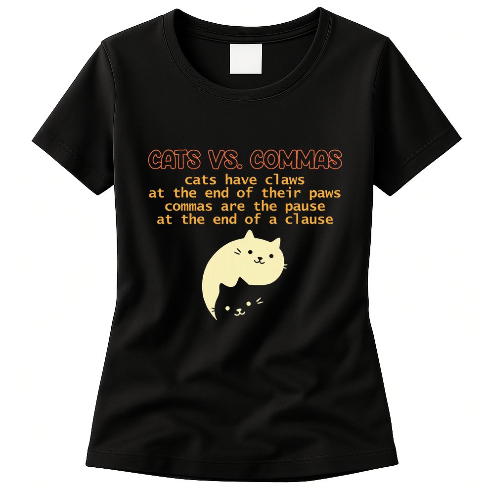 Cats Vs. Commas Funny Cat Lover Grammar Teacher School Womens T-Shirt