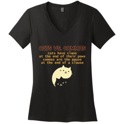 Cats Vs. Commas Funny Cat Lover Grammar Teacher School Women's V-Neck T-Shirt