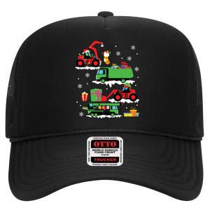 Construction Vehicle Christmas Red Trucks Winter High Crown Mesh Back Trucker Hat