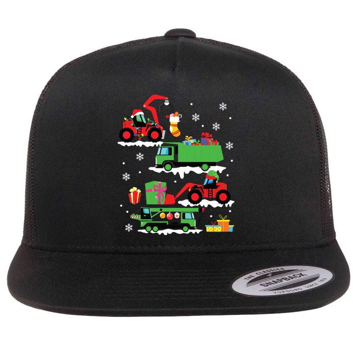 Construction Vehicle Christmas Red Trucks Winter Flat Bill Trucker Hat