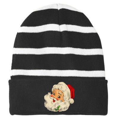 Cool Vintage Christmas Santa Claus Face Long Sleeve Striped Beanie with Solid Band