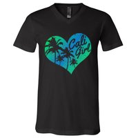 Cali Vintage California Heart Palm Trees Summer Gift V-Neck T-Shirt