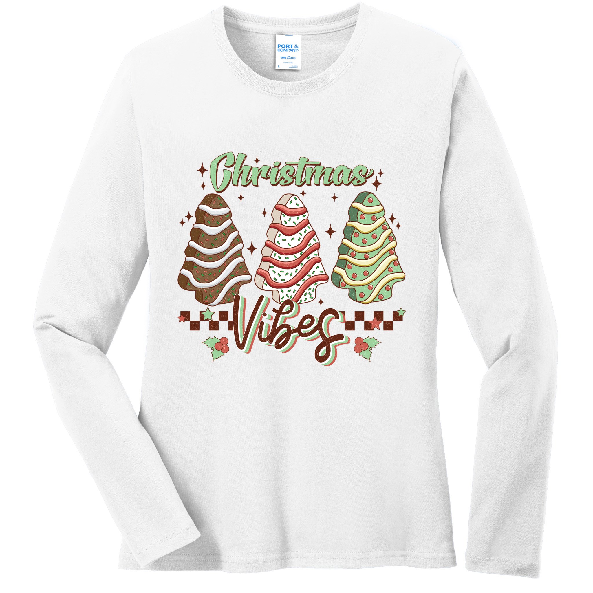 Christmas Vibes Cookie Tree Retro Ladies Long Sleeve Shirt