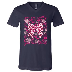 Checkered ValentineS Day Heart Coquette Bow Retro Valentine V-Neck T-Shirt