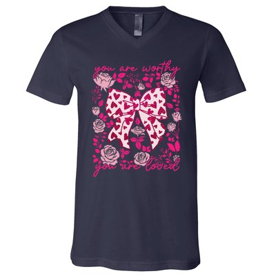 Checkered ValentineS Day Heart Coquette Bow Retro Valentine V-Neck T-Shirt