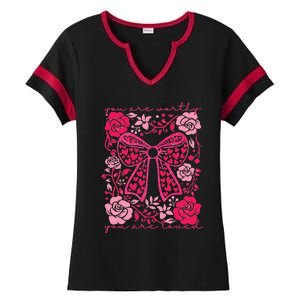 Checkered ValentineS Day Heart Coquette Bow Retro Valentine Ladies Halftime Notch Neck Tee