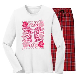 Checkered ValentineS Day Heart Coquette Bow Retro Valentine Women's Long Sleeve Flannel Pajama Set 