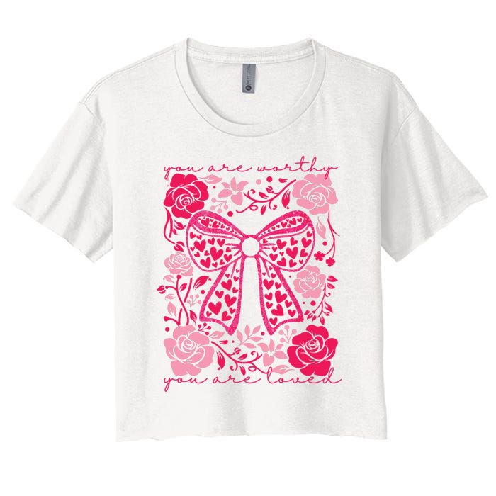 Checkered ValentineS Day Heart Coquette Bow Retro Valentine Women's Crop Top Tee