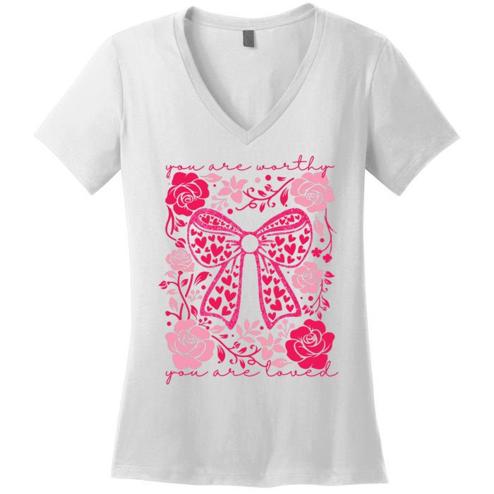 Checkered ValentineS Day Heart Coquette Bow Retro Valentine Women's V-Neck T-Shirt