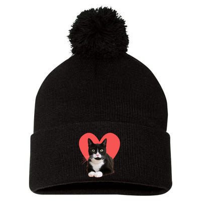 Cute Valentines Day Tuxedo Cat Lover Pom Pom 12in Knit Beanie