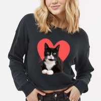 Cute Valentines Day Tuxedo Cat Lover Cropped Pullover Crew