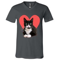 Cute Valentines Day Tuxedo Cat Lover V-Neck T-Shirt
