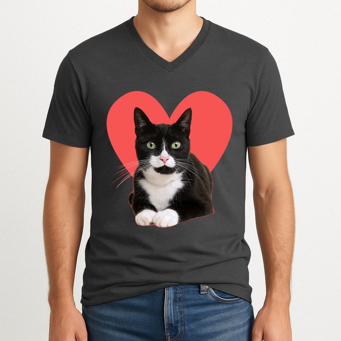 Cute Valentines Day Tuxedo Cat Lover V-Neck T-Shirt