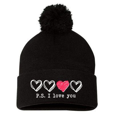 Cute Valentines Day P.S. I Love You Hearts Pom Pom 12in Knit Beanie