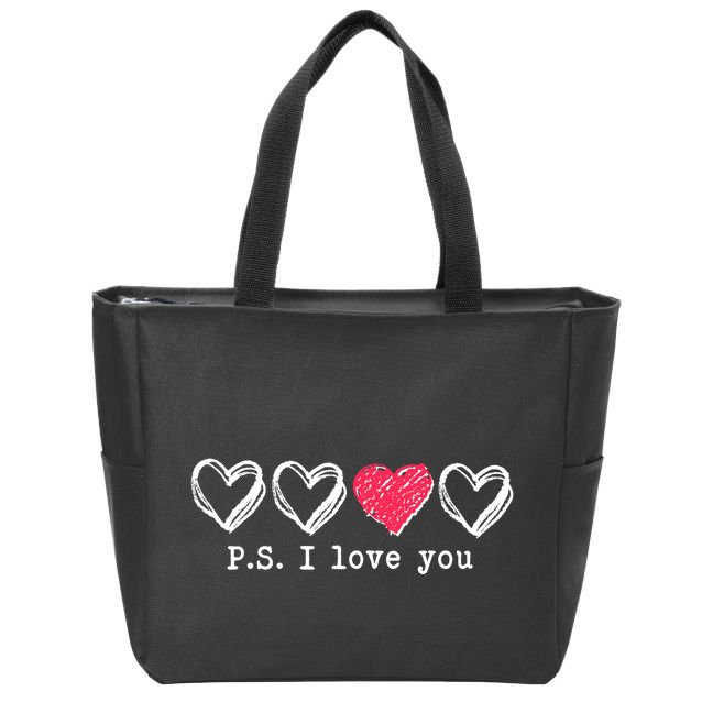 Cute Valentines Day P.S. I Love You Hearts Zip Tote Bag