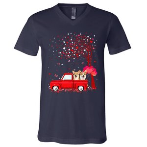 Corgi Valentine's Day Gifts Dogs Red Truck Hearts V-Neck T-Shirt