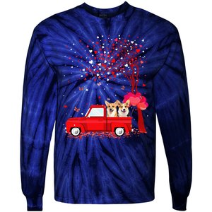 Corgi Valentine's Day Gifts Dogs Red Truck Hearts Tie-Dye Long Sleeve Shirt