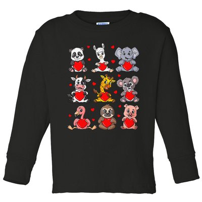 Cute Valentines Day Animals Holding Hearts Boys Girls Toddler Long Sleeve Shirt