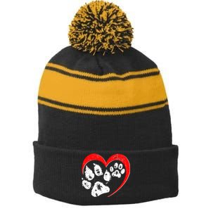 Cute Valentines Day Pet Lover Dog And Cat Paw Prints Stripe Pom Pom Beanie