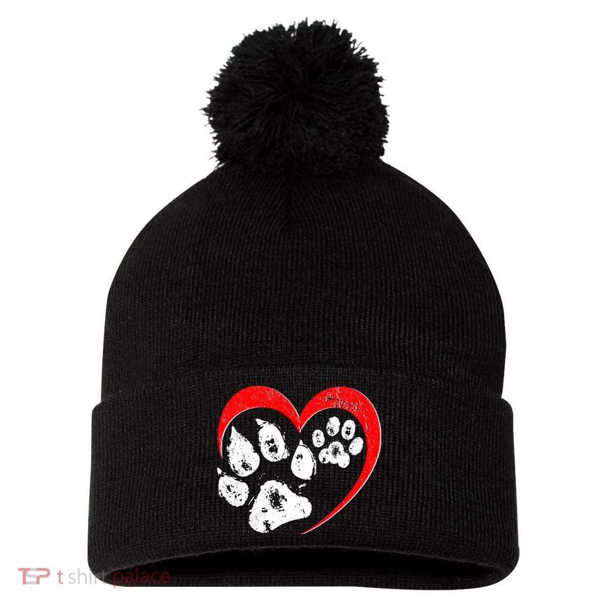 Cute Valentines Day Pet Lover Dog And Cat Paw Prints Pom Pom 12in Knit Beanie