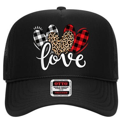 Cute Valentines Day Leopard Plaid Love Heart High Crown Mesh Back Trucker Hat