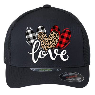 Cute Valentines Day Leopard Plaid Love Heart Flexfit Unipanel Trucker Cap