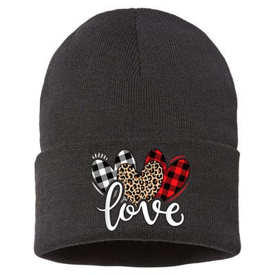 Cute Valentines Day Leopard Plaid Love Heart Sustainable Knit Beanie