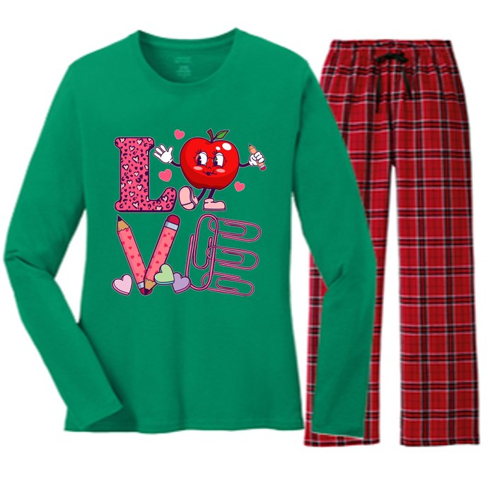 Cute Valentines Day Teacher Love Women's Long Sleeve Flannel Pajama Set 