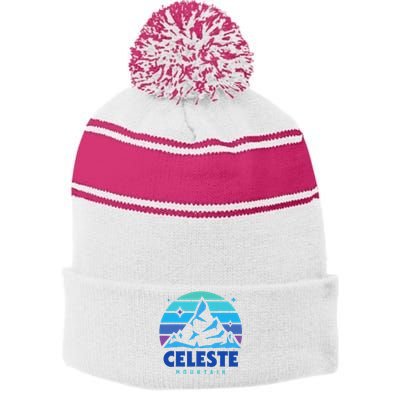 Celeste Vintage Design Mountain Playing Videogames Stripe Pom Pom Beanie