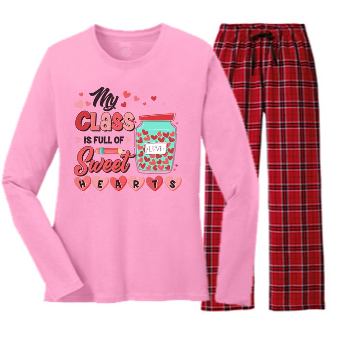 Cute Valentines Day My Class Is Full Of Sweet Hearts Women's Long Sleeve Flannel Pajama Set 