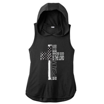 Christian Veteran Distressed American Flag Religious Ladies PosiCharge Tri-Blend Wicking Draft Hoodie Tank