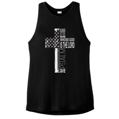 Christian Veteran Distressed American Flag Religious Ladies PosiCharge Tri-Blend Wicking Tank