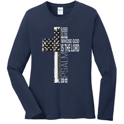 Christian Veteran Distressed American Flag Religious Ladies Long Sleeve Shirt