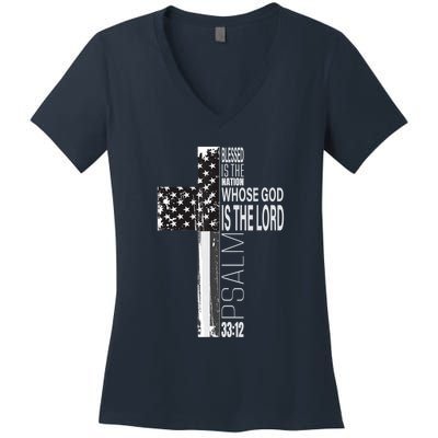 Christian Veteran Distressed American Flag Religious Women's V-Neck T-Shirt