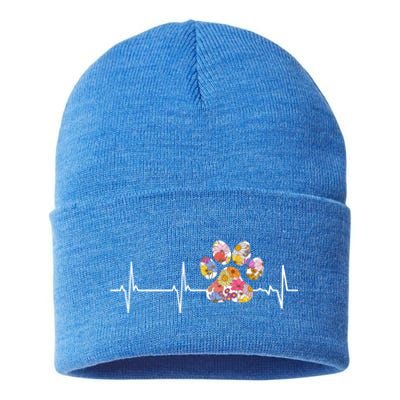 Cute Veterinarian Flower Paw Print Heartbeat Ekg Vet Tech Cool Gift Sustainable Knit Beanie