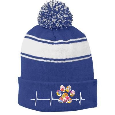 Cute Veterinarian Flower Paw Print Heartbeat Ekg Vet Tech Cool Gift Stripe Pom Pom Beanie