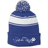 Cute Veterinarian Funny Gift Rainbow Paw Print Heartbeat Vet Tech Gift Stripe Pom Pom Beanie