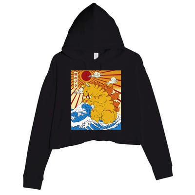 Catzilla Vintage Funny Cute Cat Art Japanese Sunset Crop Fleece Hoodie