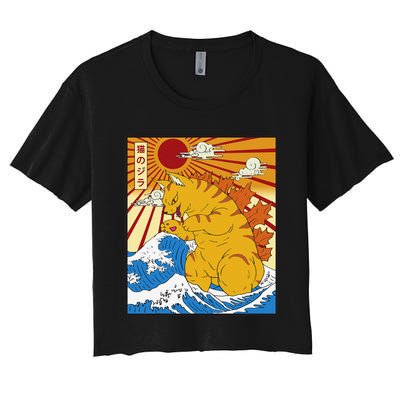 Catzilla Vintage Funny Cute Cat Art Japanese Sunset Women's Crop Top Tee