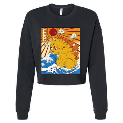 Catzilla Vintage Funny Cute Cat Art Japanese Sunset Cropped Pullover Crew