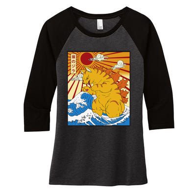 Catzilla Vintage Funny Cute Cat Art Japanese Sunset Women's Tri-Blend 3/4-Sleeve Raglan Shirt