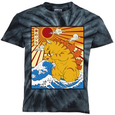 Catzilla Vintage Funny Cute Cat Art Japanese Sunset Kids Tie-Dye T-Shirt