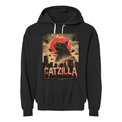 Catzilla Vintage Funny Cat Japanese Sunset Kitten Lover Garment-Dyed Fleece Hoodie
