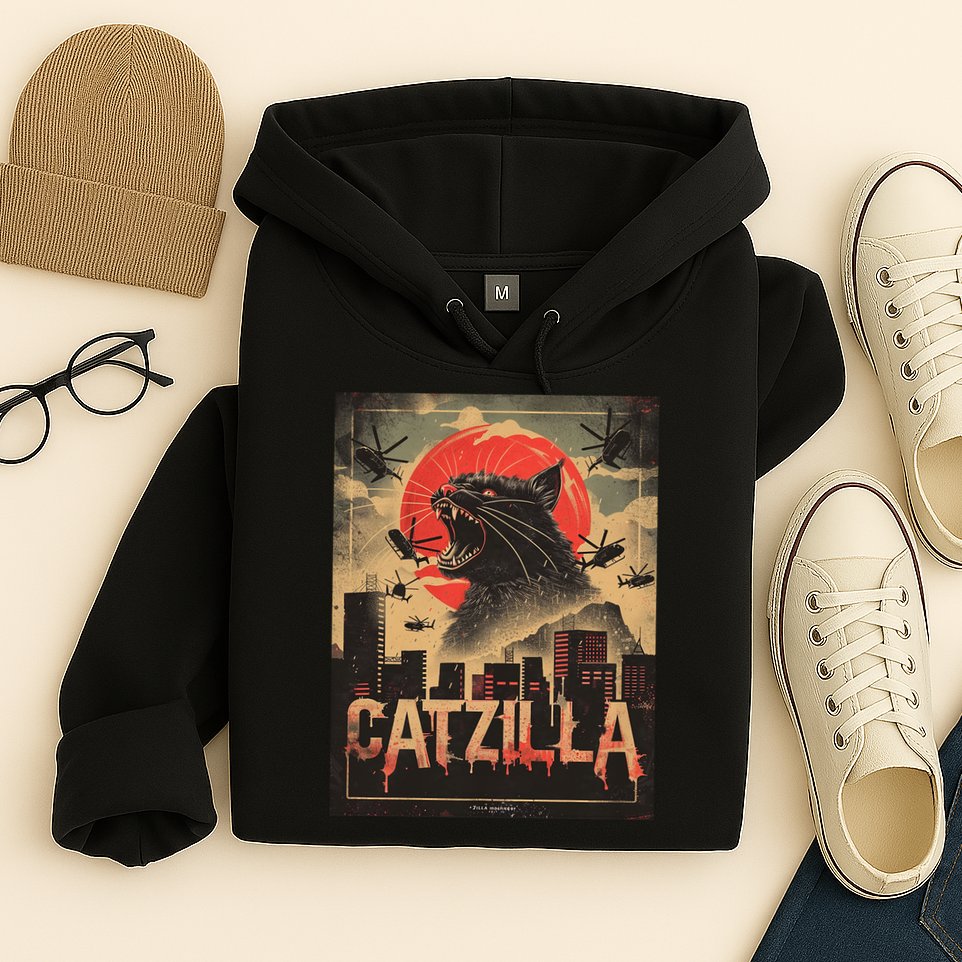 Catzilla Vintage Funny Cat Japanese Sunset Kitten Lover Hoodie