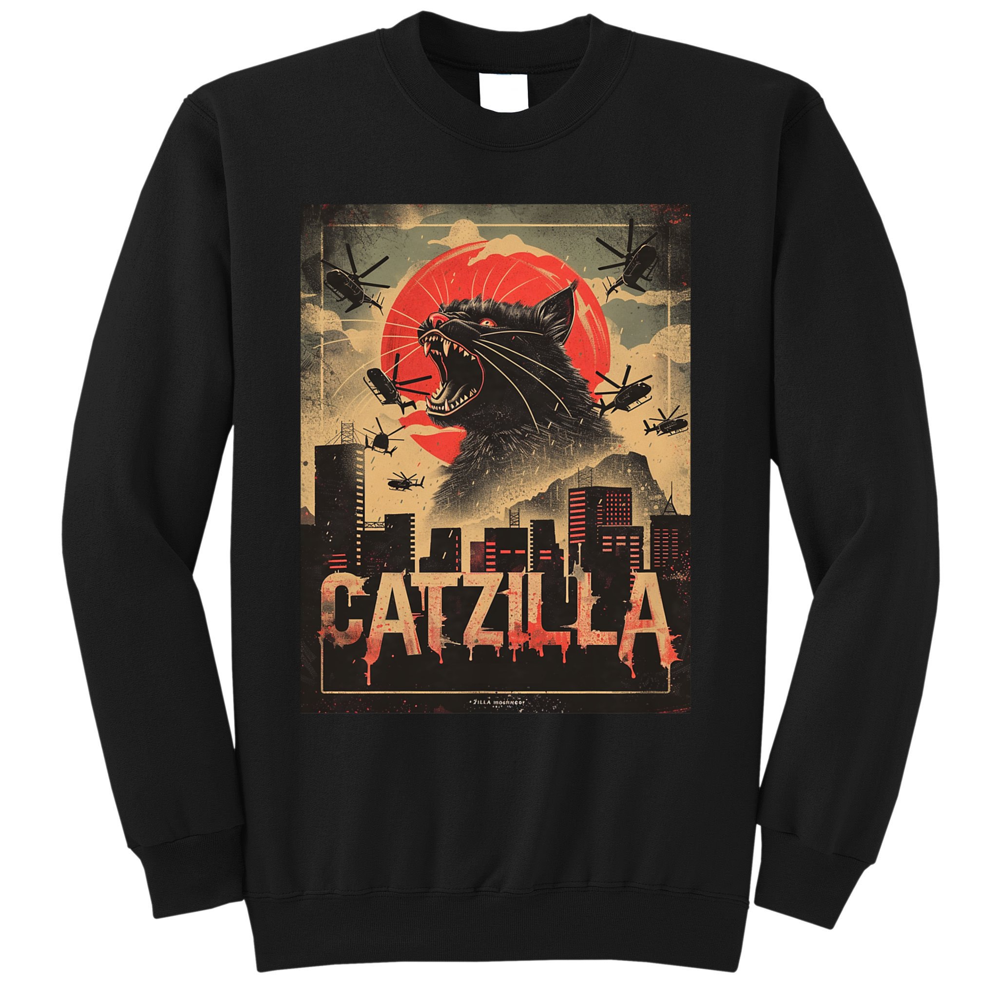 Catzilla Vintage Funny Cat Japanese Sunset Kitten Lover Sweatshirt