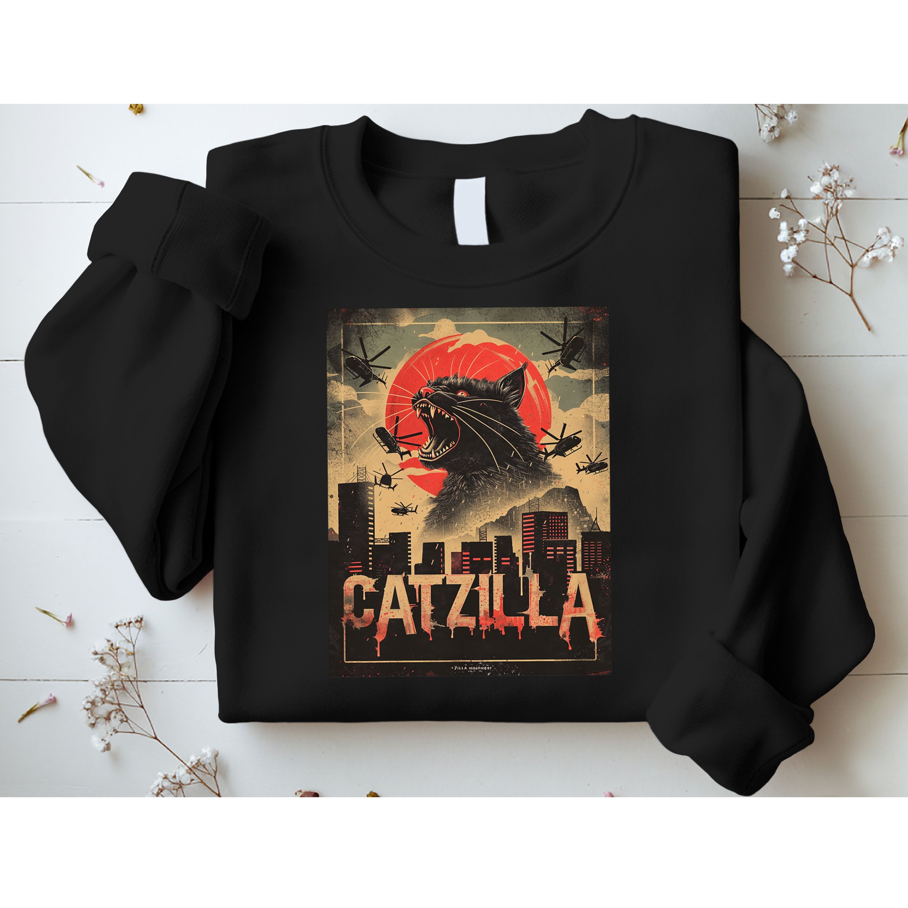 Catzilla Vintage Funny Cat Japanese Sunset Kitten Lover Sweatshirt