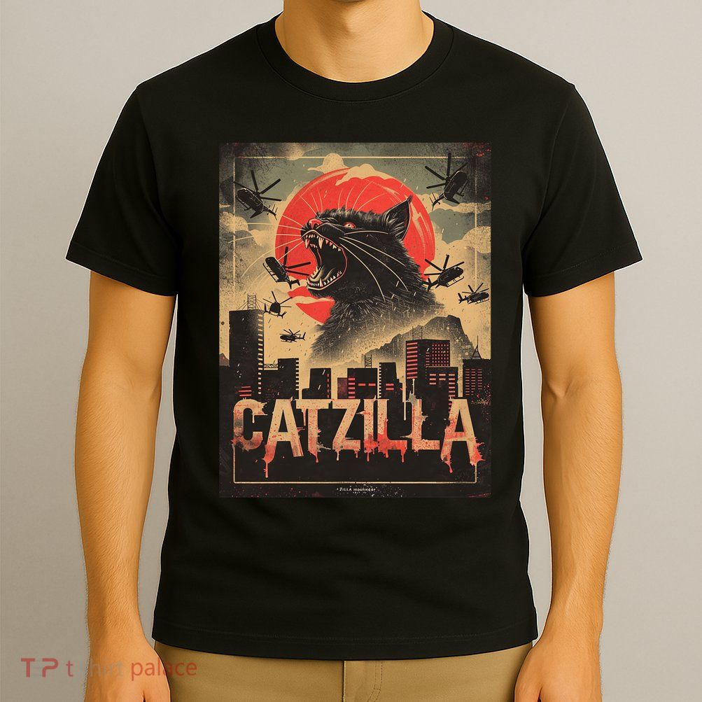 Catzilla Vintage Funny Cat Japanese Sunset Kitten Lover T-Shirt