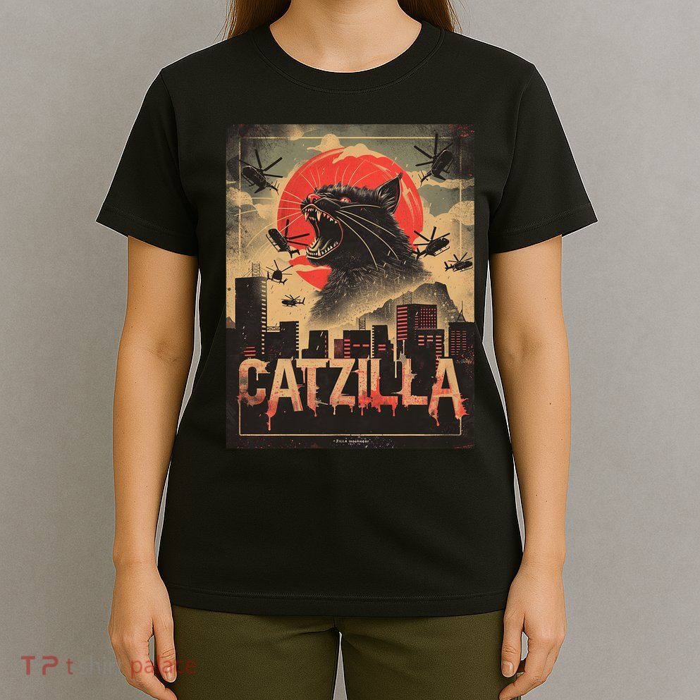 Catzilla Vintage Funny Cat Japanese Sunset Kitten Lover T-Shirt