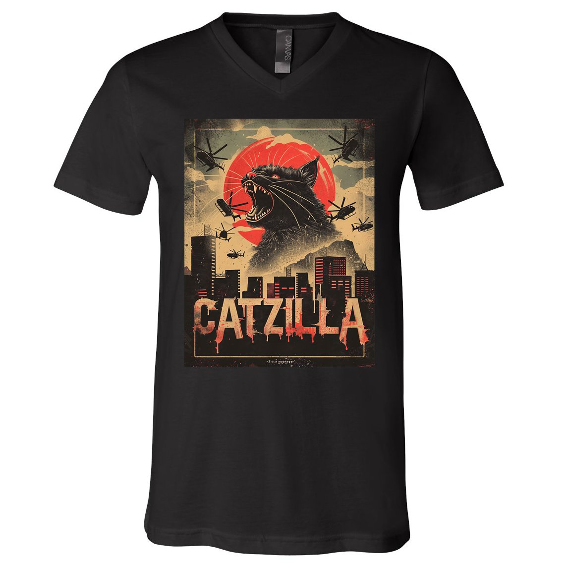 Catzilla Vintage Funny Cat Japanese Sunset Kitten Lover V-Neck T-Shirt